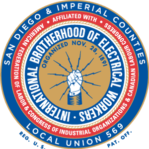 Seal of the International Brotherhood of Electrical Workers (IBEW) Local Union 569, affiliated with AFL-CIO, featuring a clenched fist holding lightning bolts, surrounded by text and various titles.